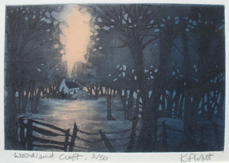 Image: 'Woodland Croft', an etching by Kitty Watt Tolquon Gallery